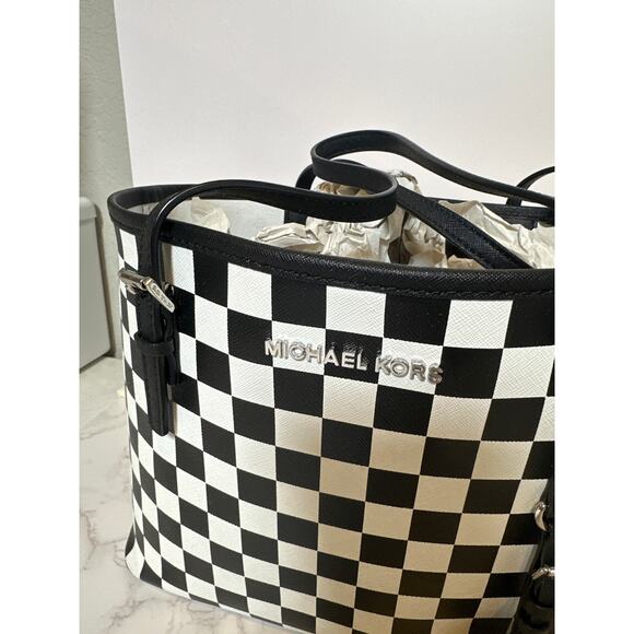 Michael Kors checkerboard small jet set travel tote handbag leather - Picture 3 of 11